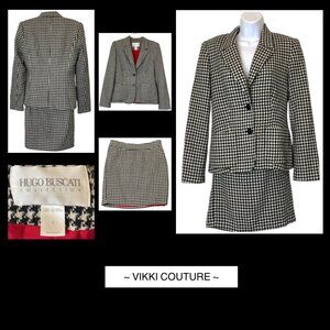 Hugo Buscati Houndstooth Wool Skirt Suit Set Sz 8 Vintage 2 Pc Blazer & Mini Skt